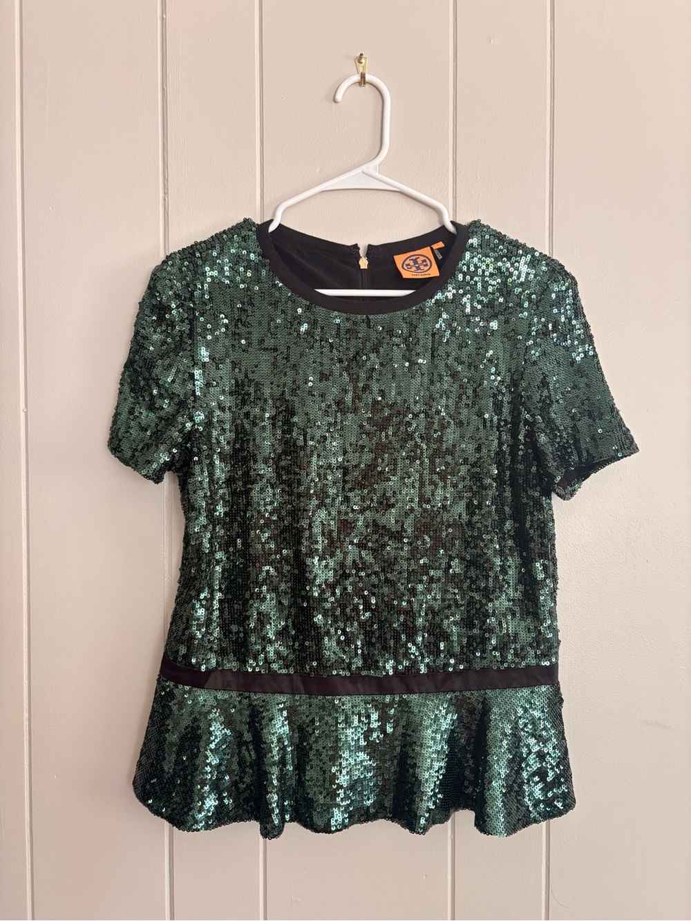 Tory Burch Emerald Green Sequin Short Sleeve Peplum Top